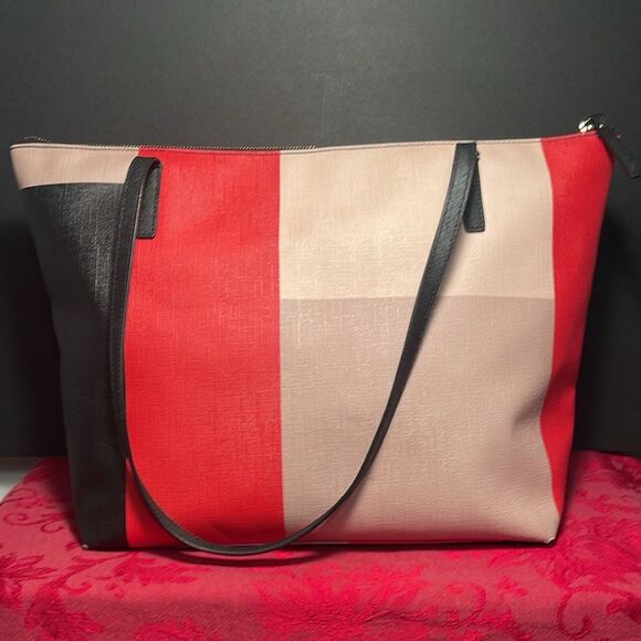 Kate Spade Color Block Shoulder Tote Bag Red Tan Black - Picture 3 of 16